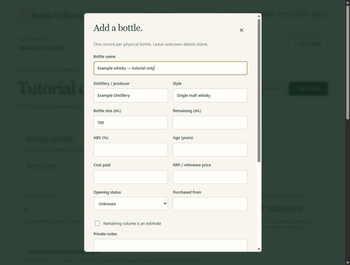 Website bottle form showing name, producer, size, remaining volume and other fields to check against the reviewed label details.